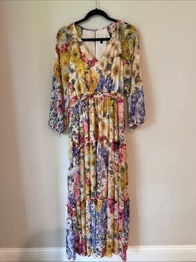 Express Floral Tiered Maxi Dress - Yellow, Pink, Blue